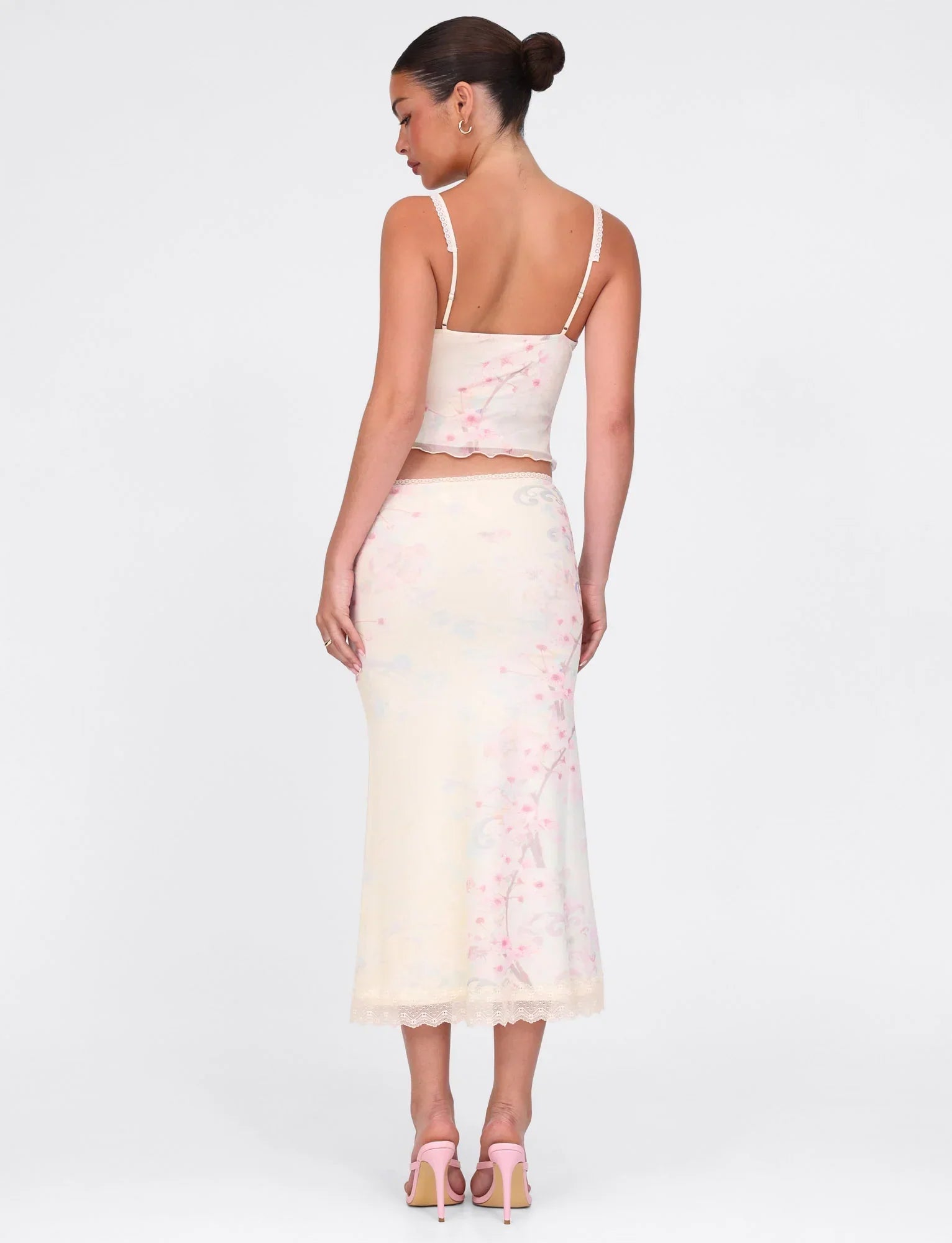 LONIE MIDI SKIRT NEUTRAL FLORAL WASHED CHERRY BLOSSOM