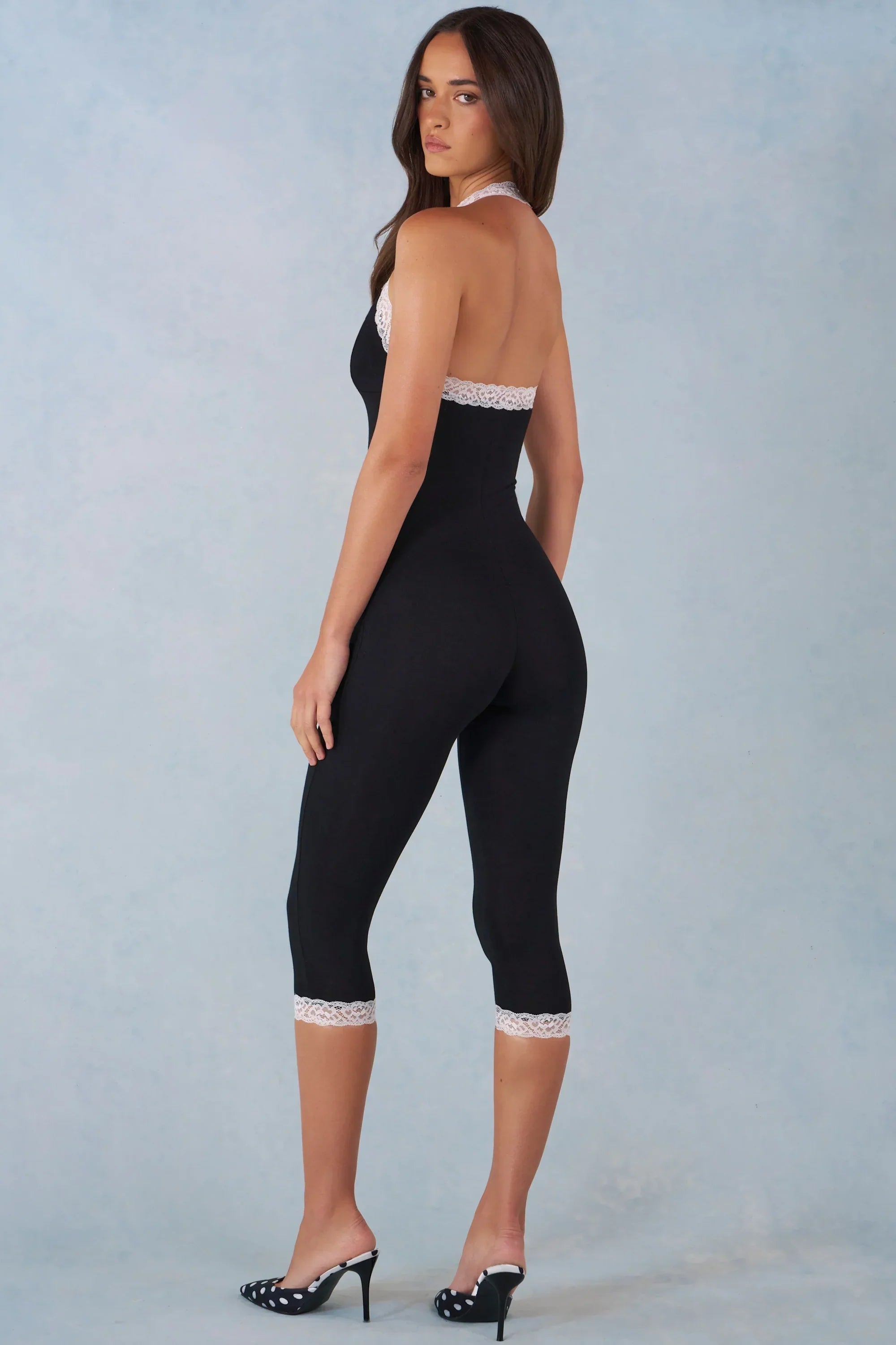 Modal Lace Trim Capri Jumpsuit in Black