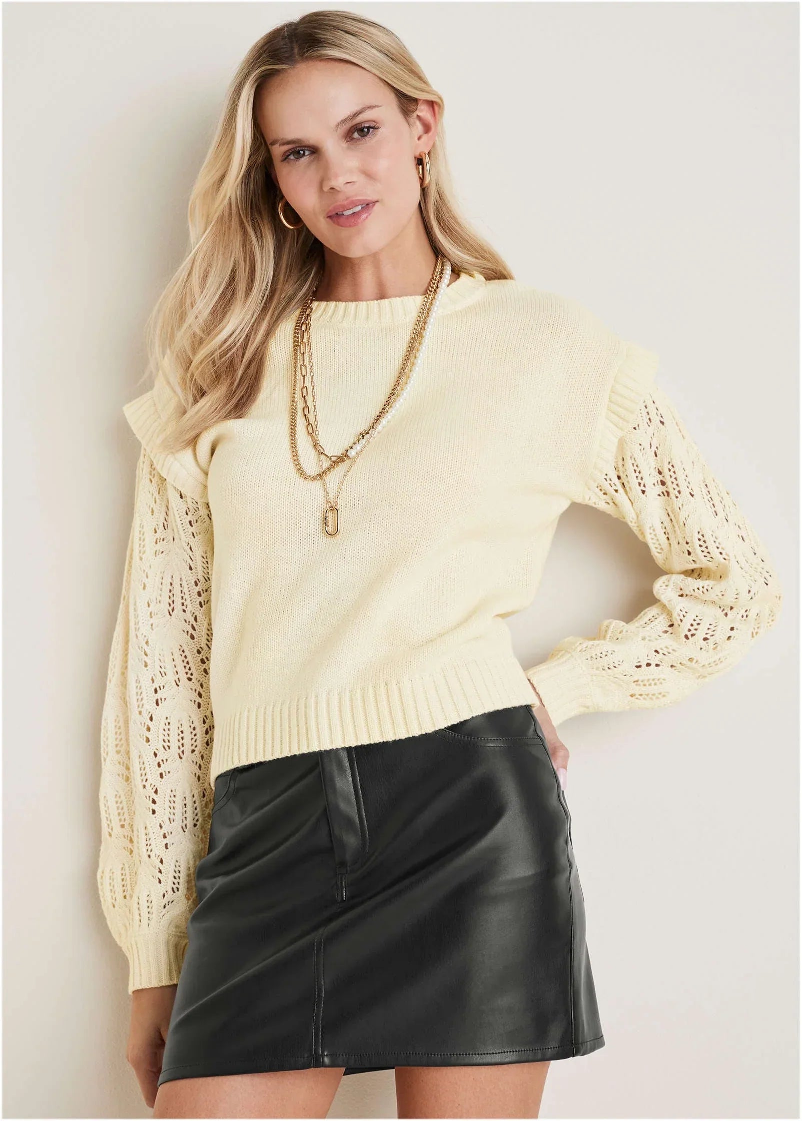 Pointelle Sleeve Crew Neck Off White