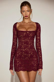 Sheer Scalloped Lace Long Sleeve Mini Dress in Wine Red