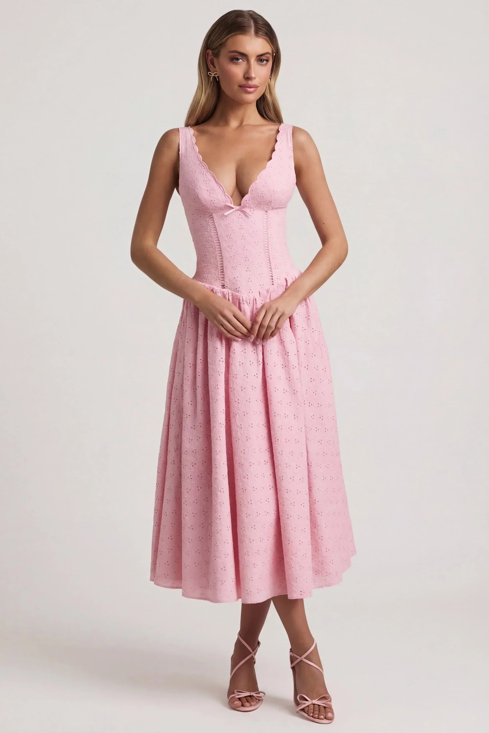 Broderie Anglaise Bow Detail A Line Midaxi Dress in Soft Pink
