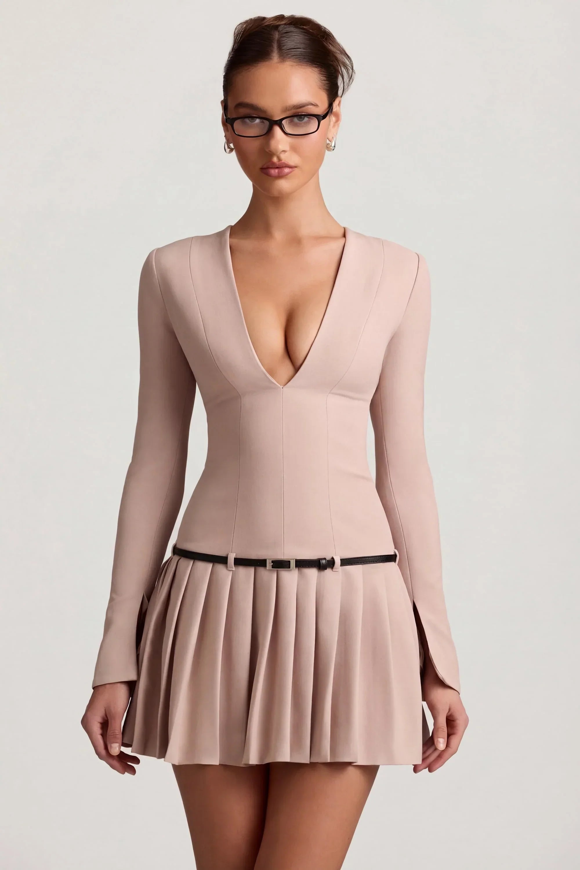 Long Sleeve Pleated Mini Dress in Mushroom