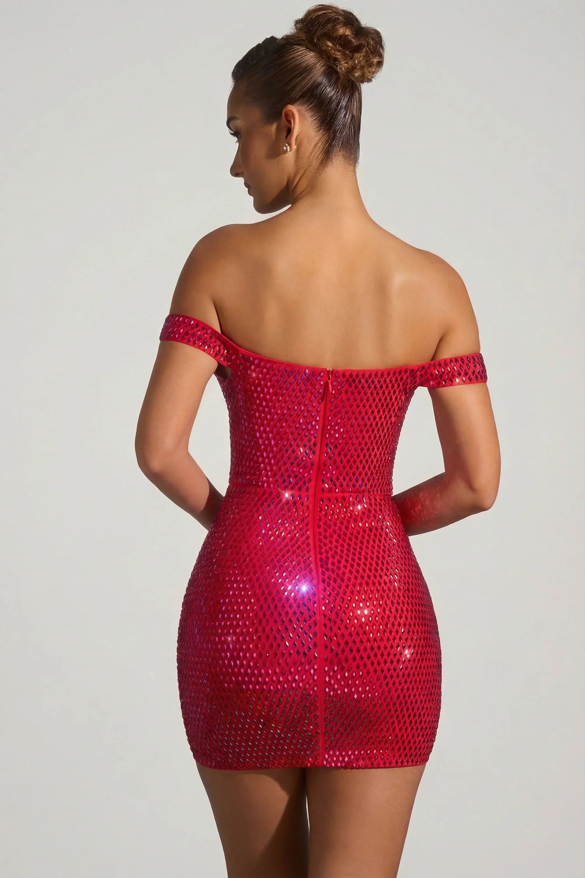 Embellished Off Shoulder Mini Dress in Crimson Red