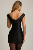 Satin Off Shoulder Draped Mini Dress in Black