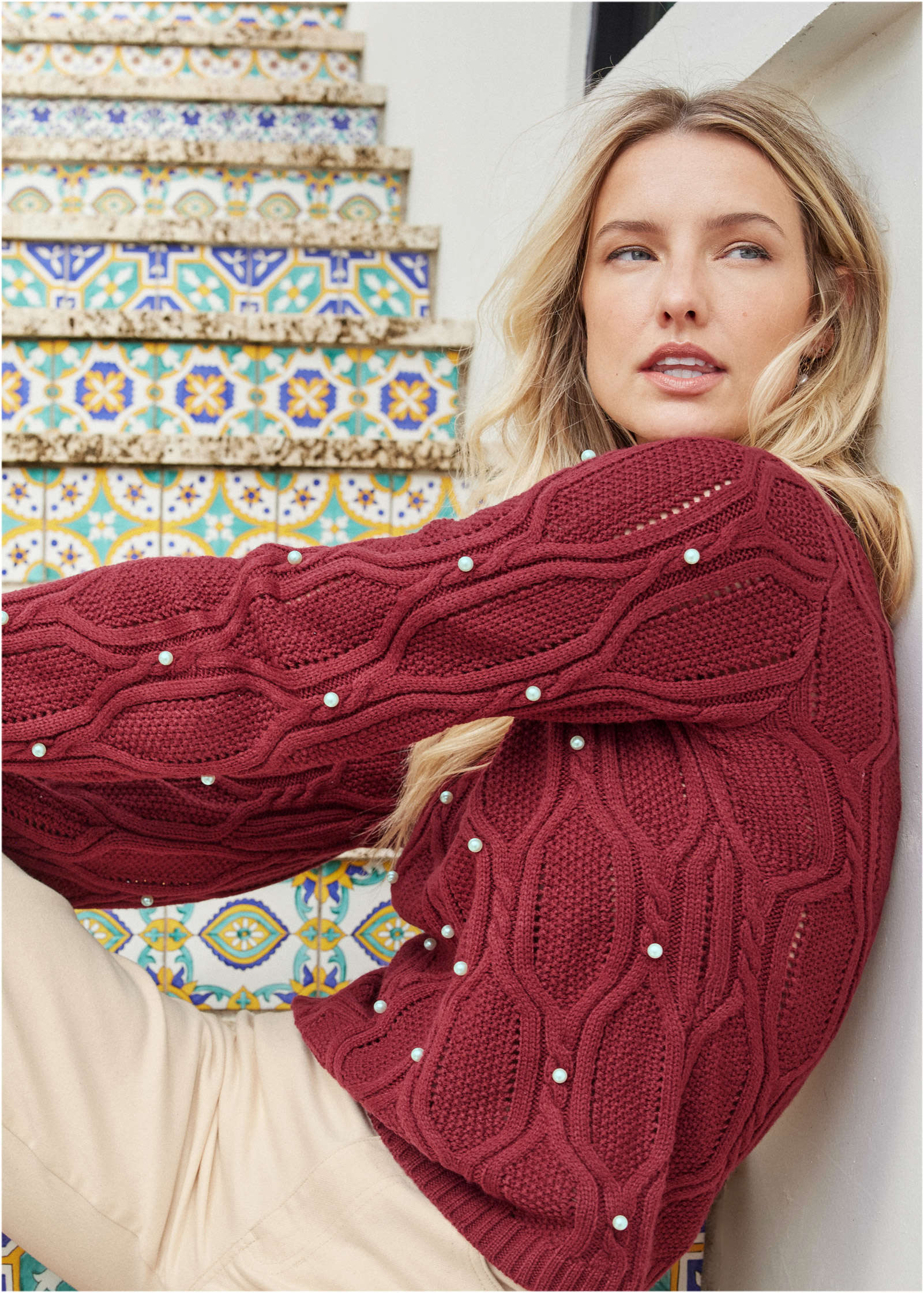 Pearl Detail Sweater Wine