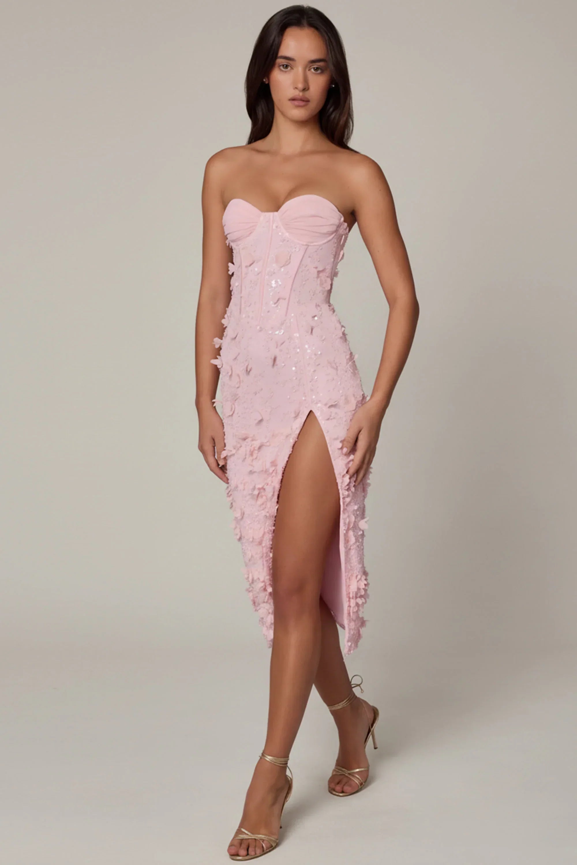 Lace Up Corset Midaxi Dress with Split in Soft Pink