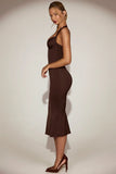 Satin Sweetheart Bustier Fishtail Midaxi Dress in Chocolate Brown