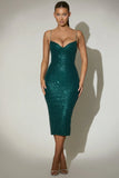 Embellished Sweetheart Neck Midi Dress in Teal Green