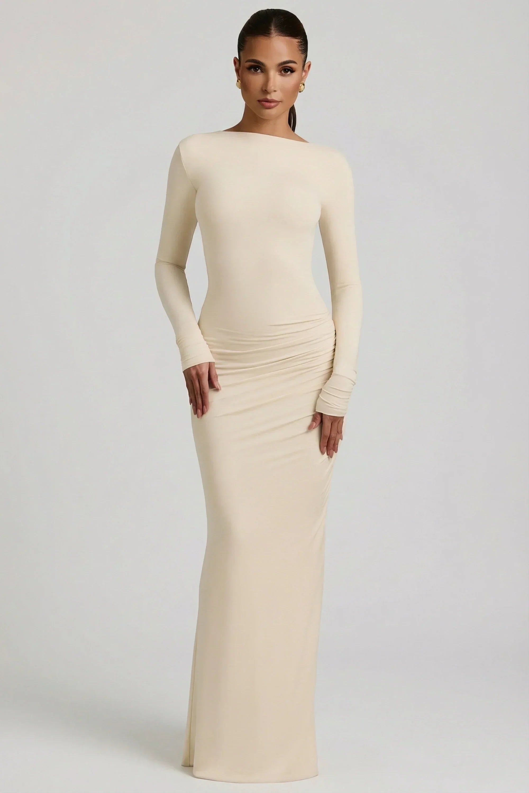 Modal Ruched Backless Maxi Dress in Ivory