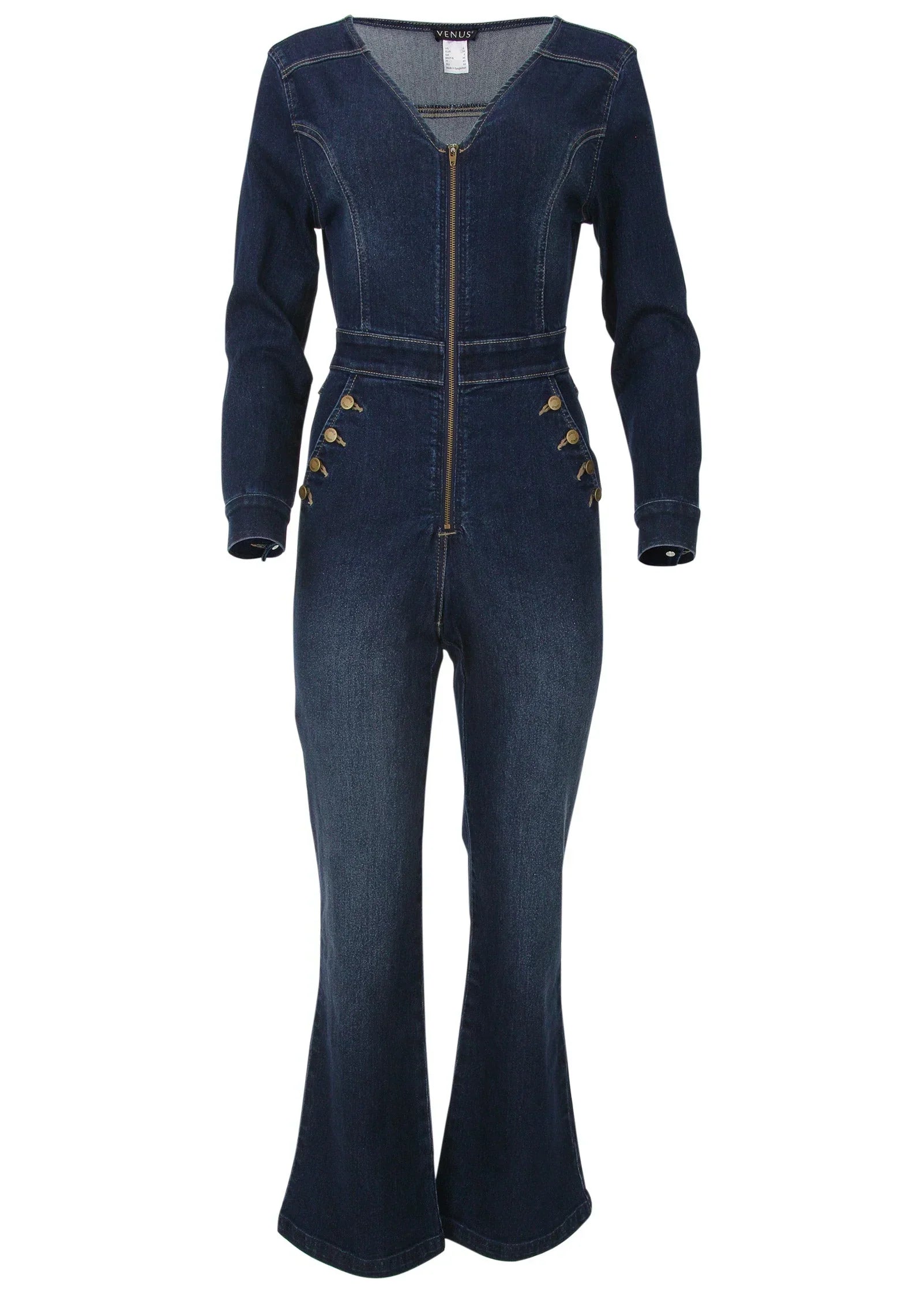 Zip Front Denim Jumpsuit Dark Wash