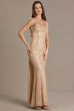 Embellished Open Back Maxi Dress in Gold