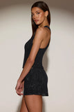 Embellished Mid Rise A Line Mini Skirt in Black