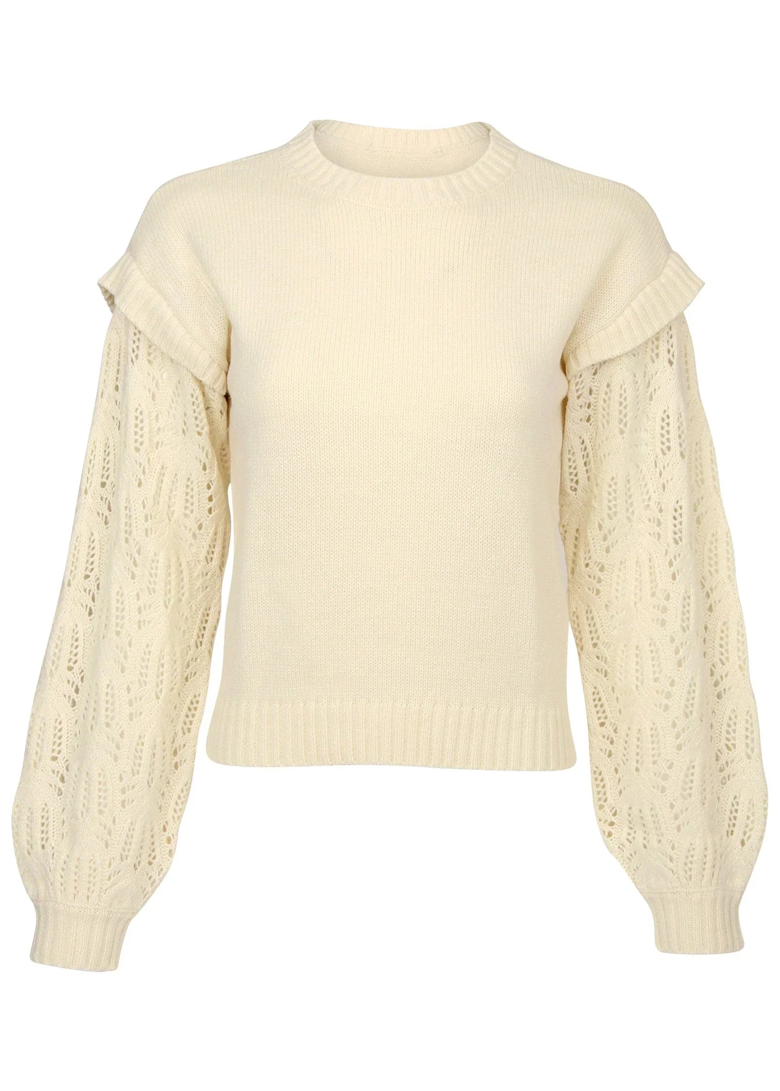 Pointelle Sleeve Crew Neck Off White
