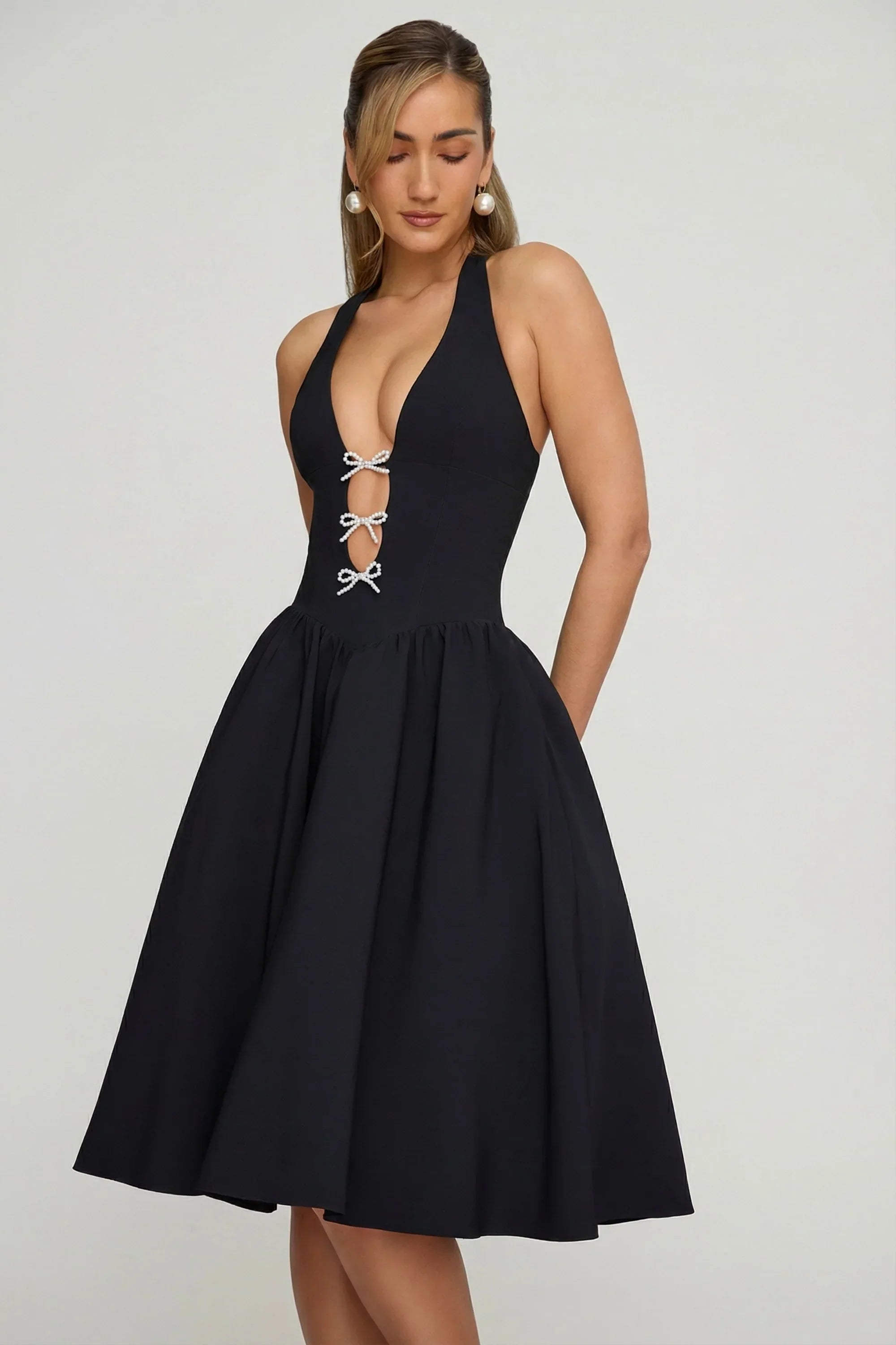 Halterneck Bow Detail Midi Dress in Black