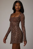 Sheer Embellished Long Sleeve A Line Mini Dress in Deep Cocoa