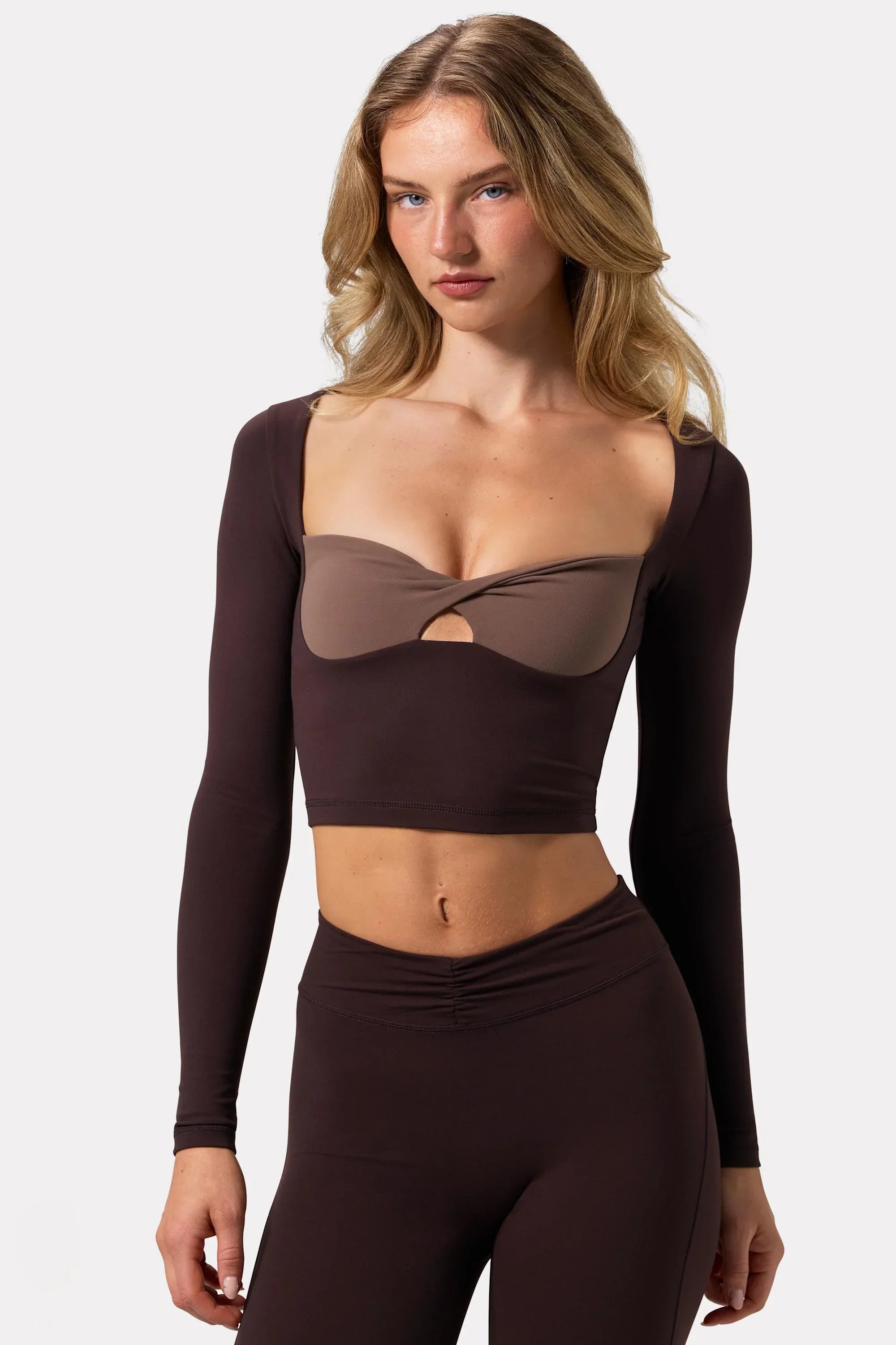 Soft Active Twist Front Crop Top in Espresso