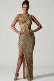 Embellished Asymmetric Cut Out Gown in Gold