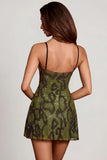 Embellished Cowl Neck A line Mini Dress in Green Snake