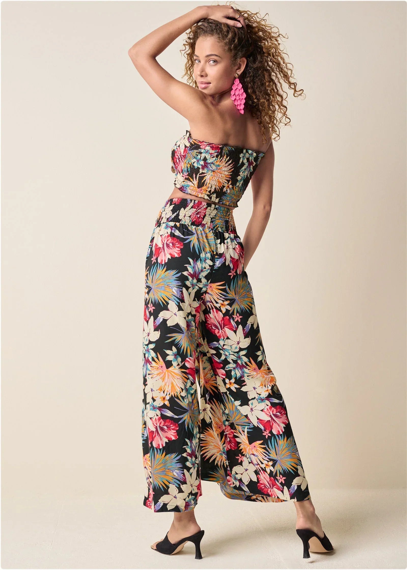 Smocked Waist Flared Pants Black Multi