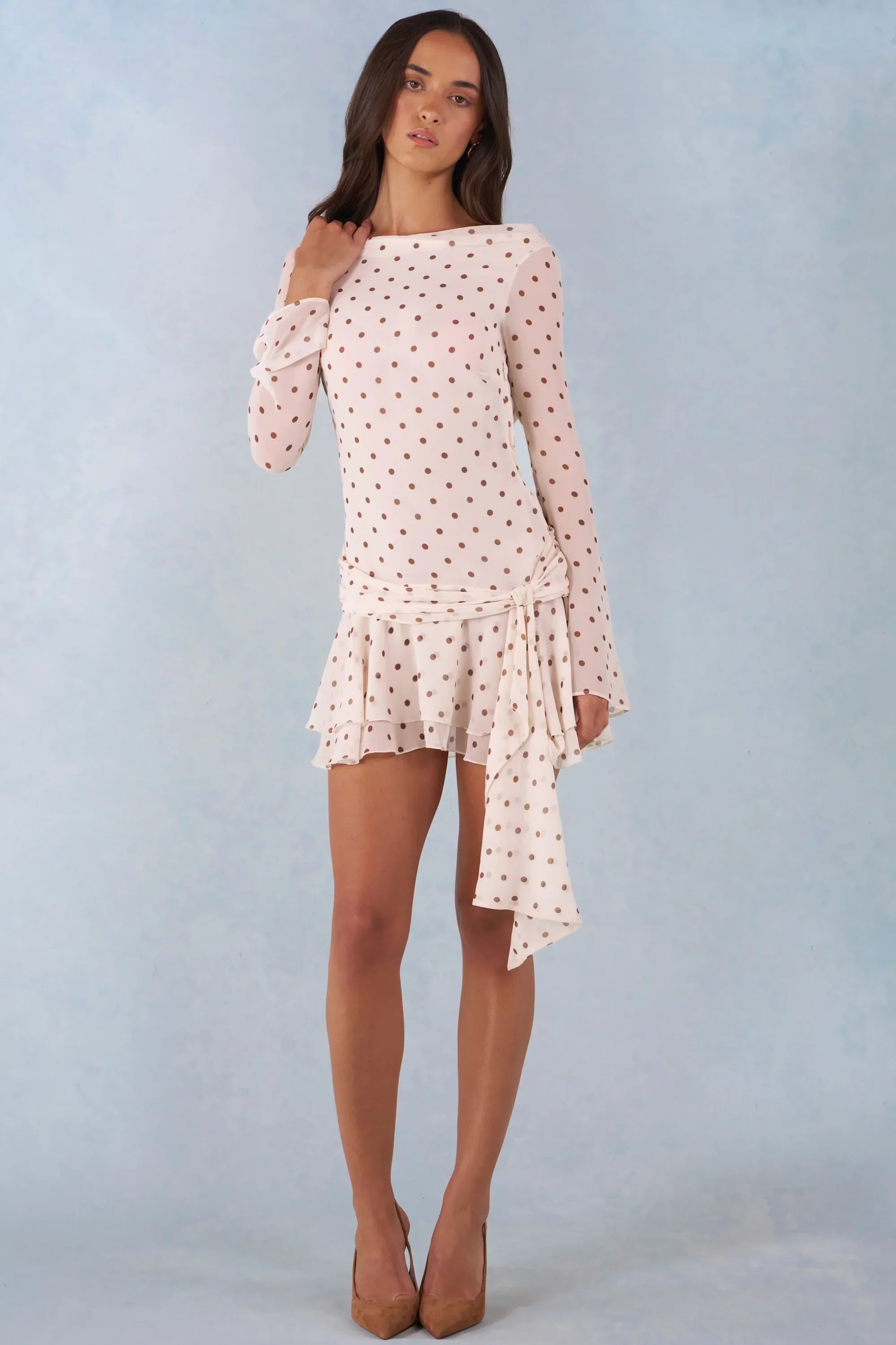 Long Sleeve Open Back Mini Dress in Ivory Polka Dot Print
