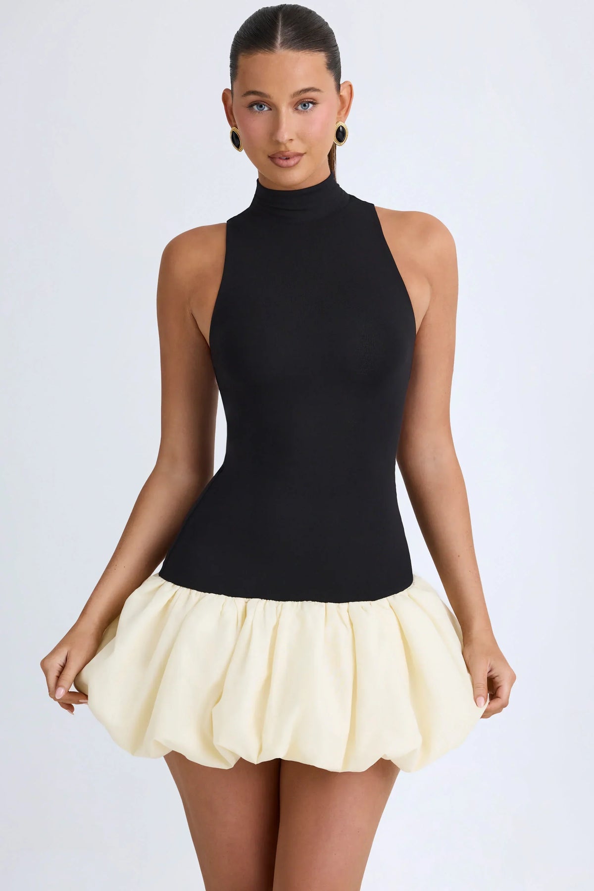 Modal Turtleneck Drop Waist Bubble Hem Mini Dress in Black