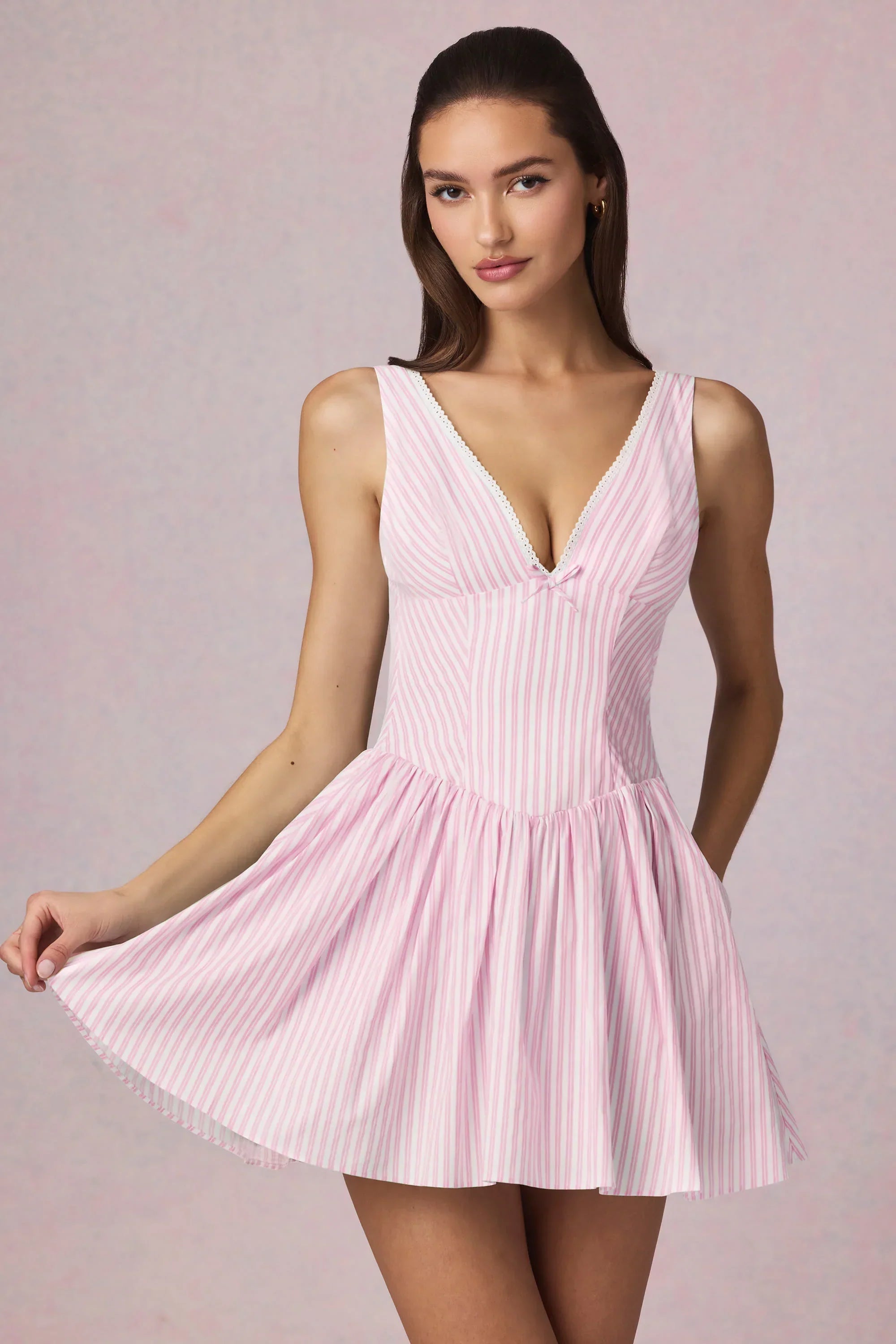 Bow Detail A Line Mini Dress in Soft Mauve Stripe