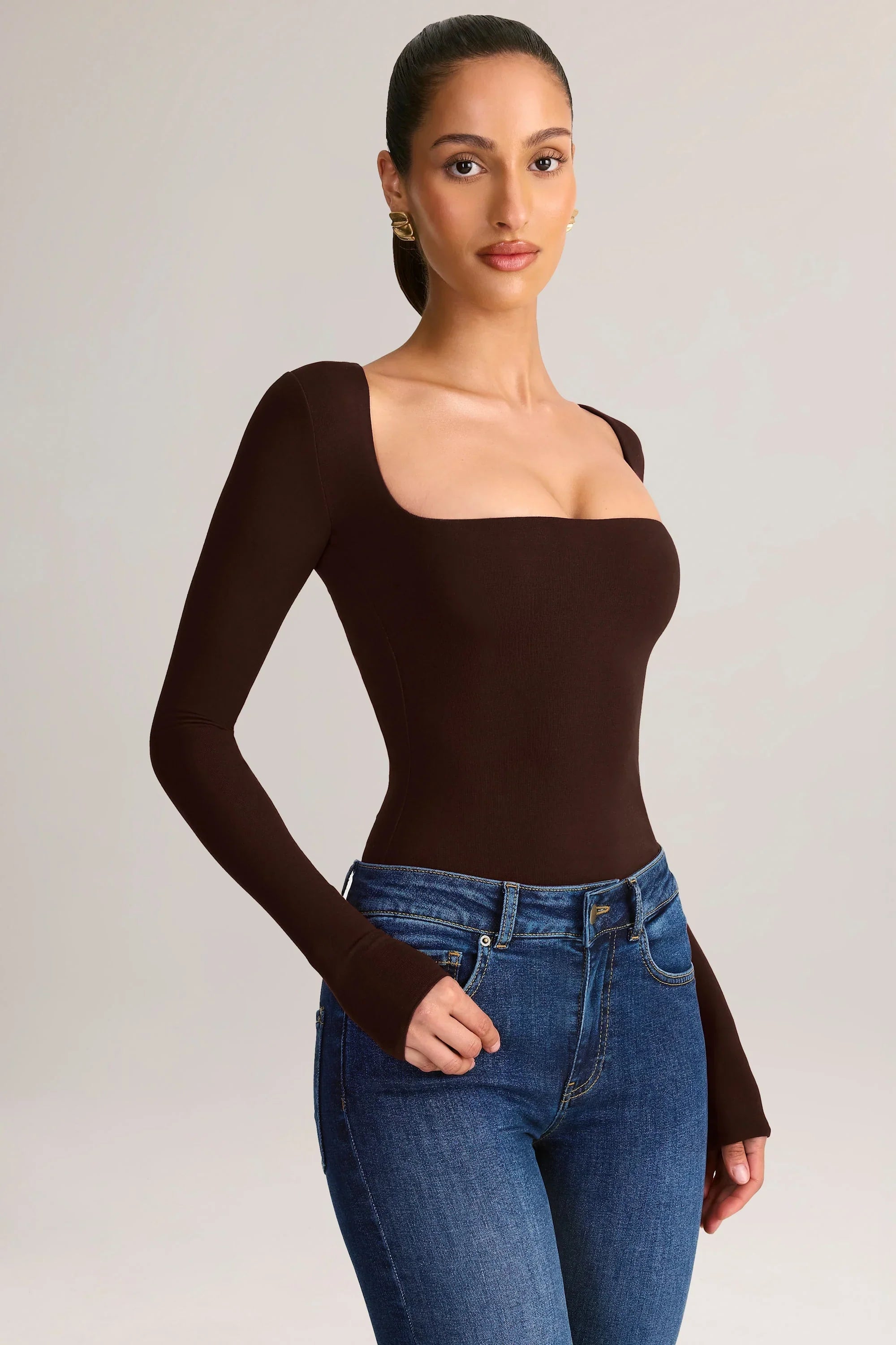 Modal Square Neck Long Sleeve Top in Chocolate Brown
