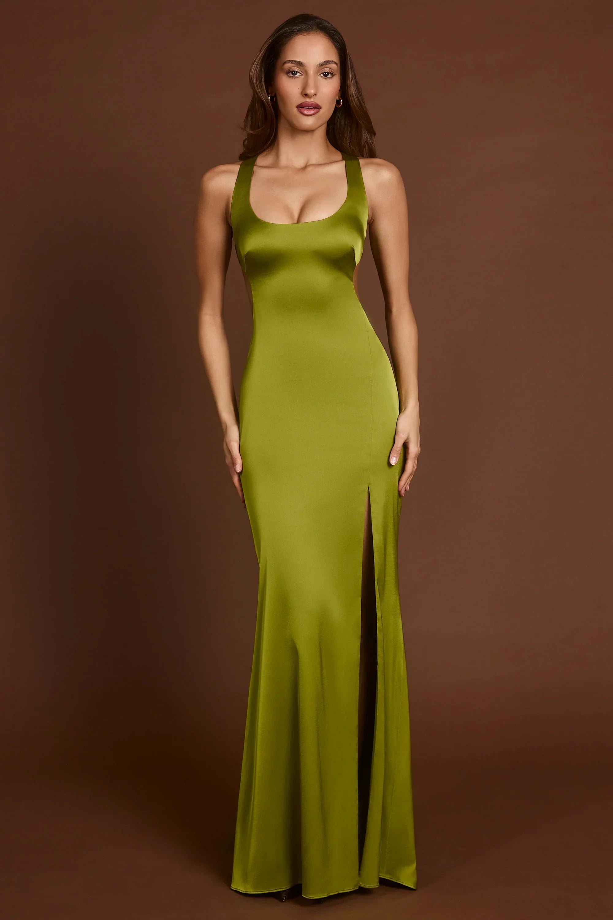 Scoop Neck Lace up Back Maxi Dress in Olive Green