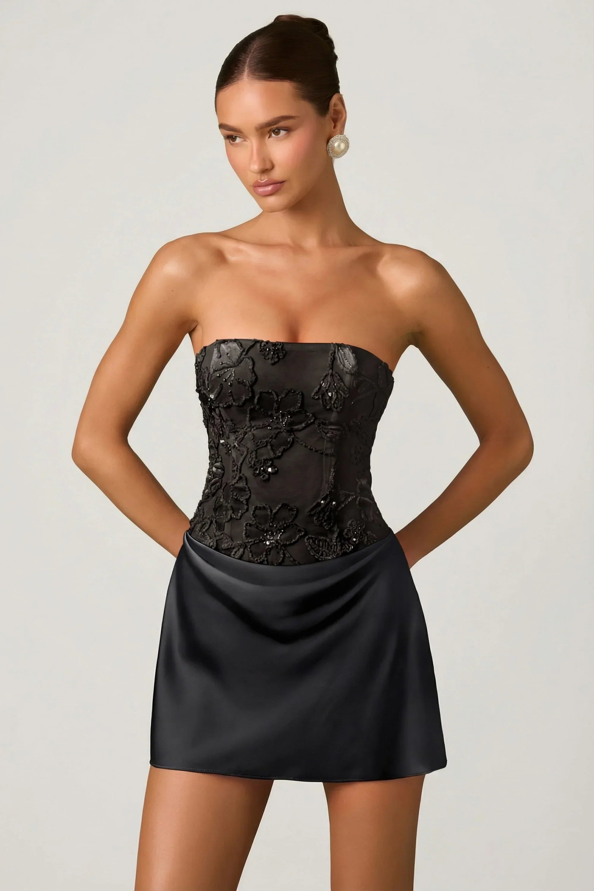Embellished Draped Strapless A Line Mini Dress in Black