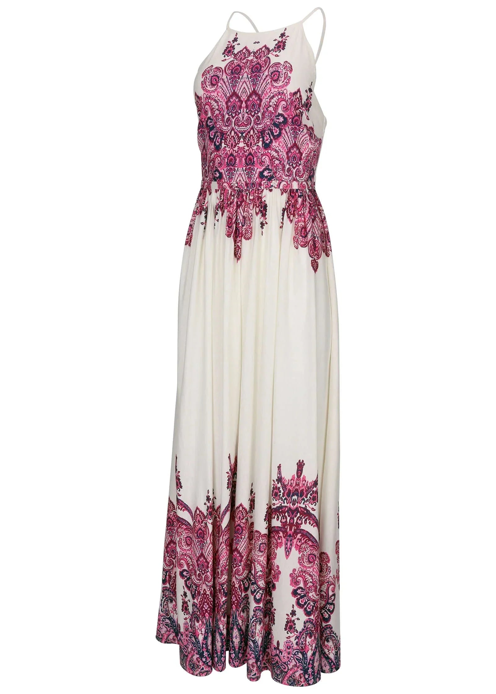 Printed Linen Maxi Dress Pink Boho Paisley Border