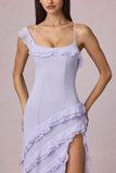 Asymmetric Ruffled Lace Up Gown in Lilac