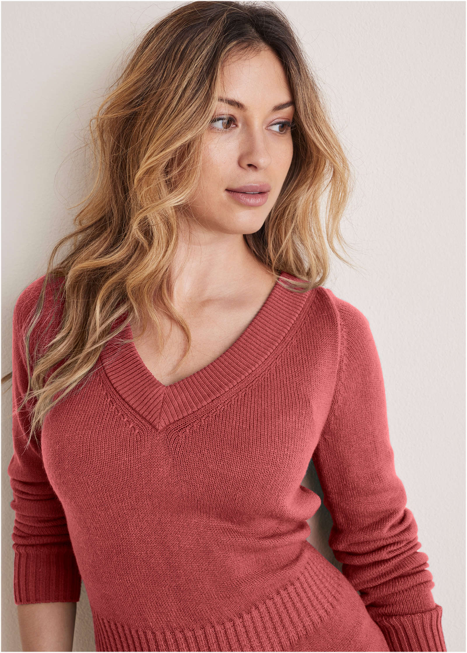 V Neck Mini Sweater Dress Mineral Red