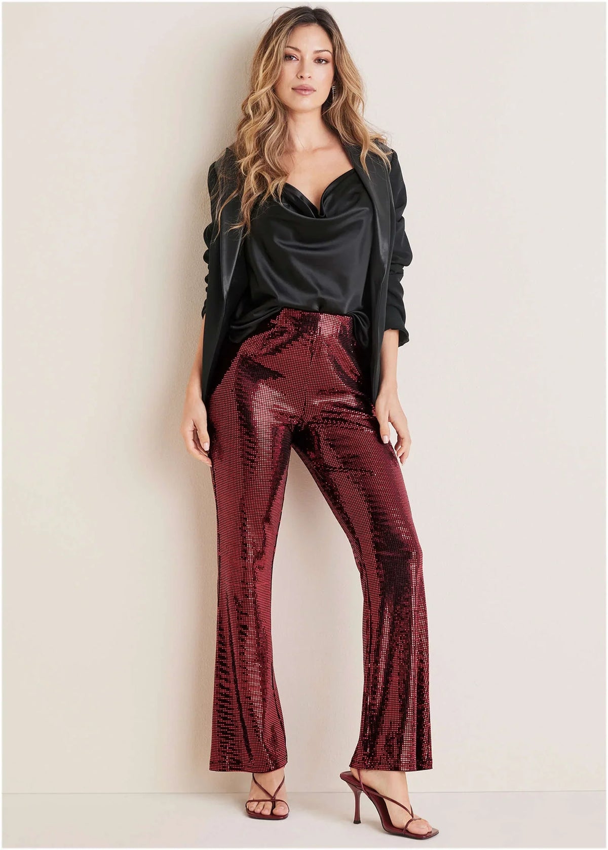 Sequin Flare Leg Pants Red Black
