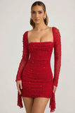 Embellished Cowl Neck Draped Mini Dress in True Red
