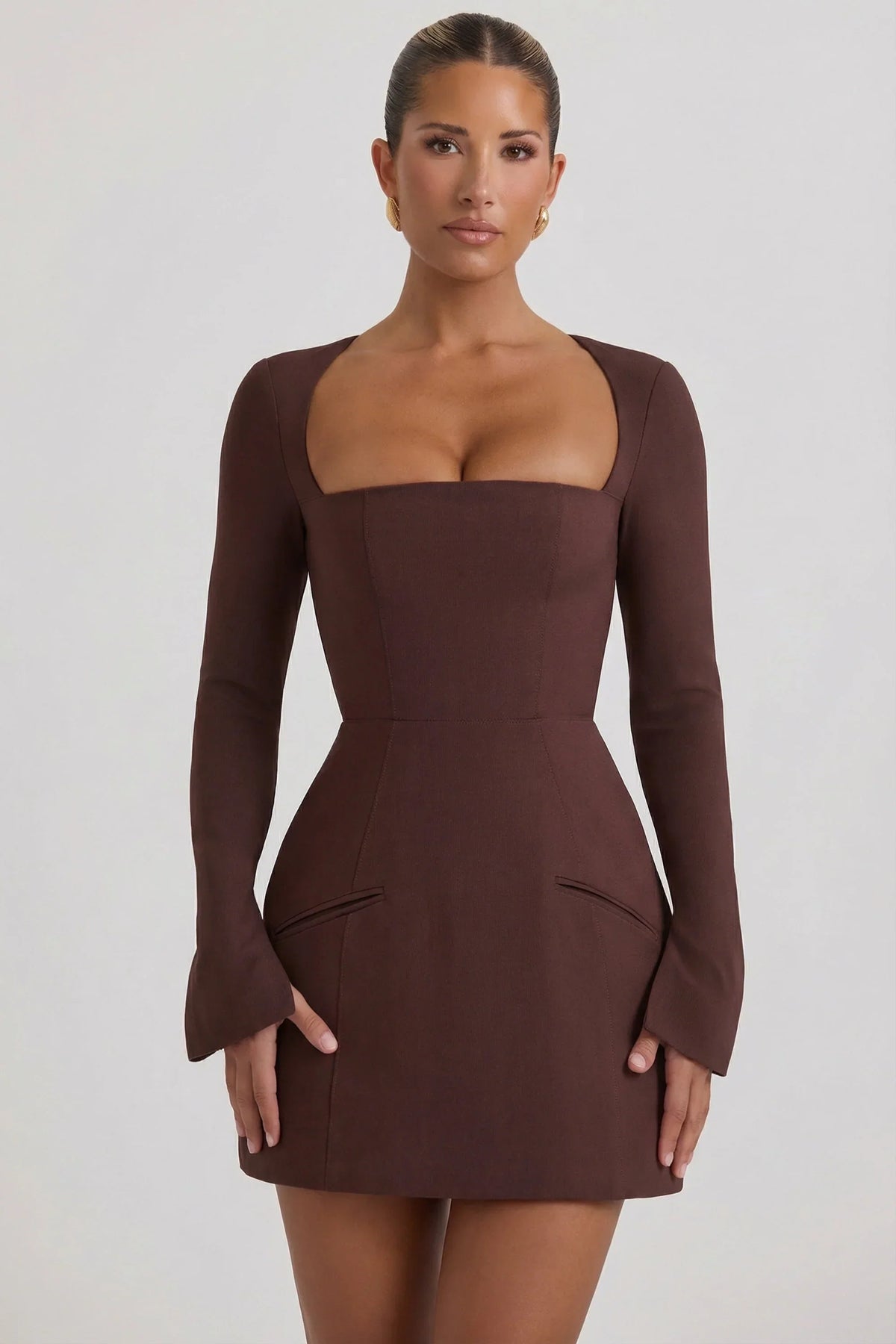 Square Neck Structured Tulip Mini Dress in Chocolate Brown