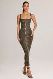 Modal Square Neck Bodycon Midi Dress in Leopard Print