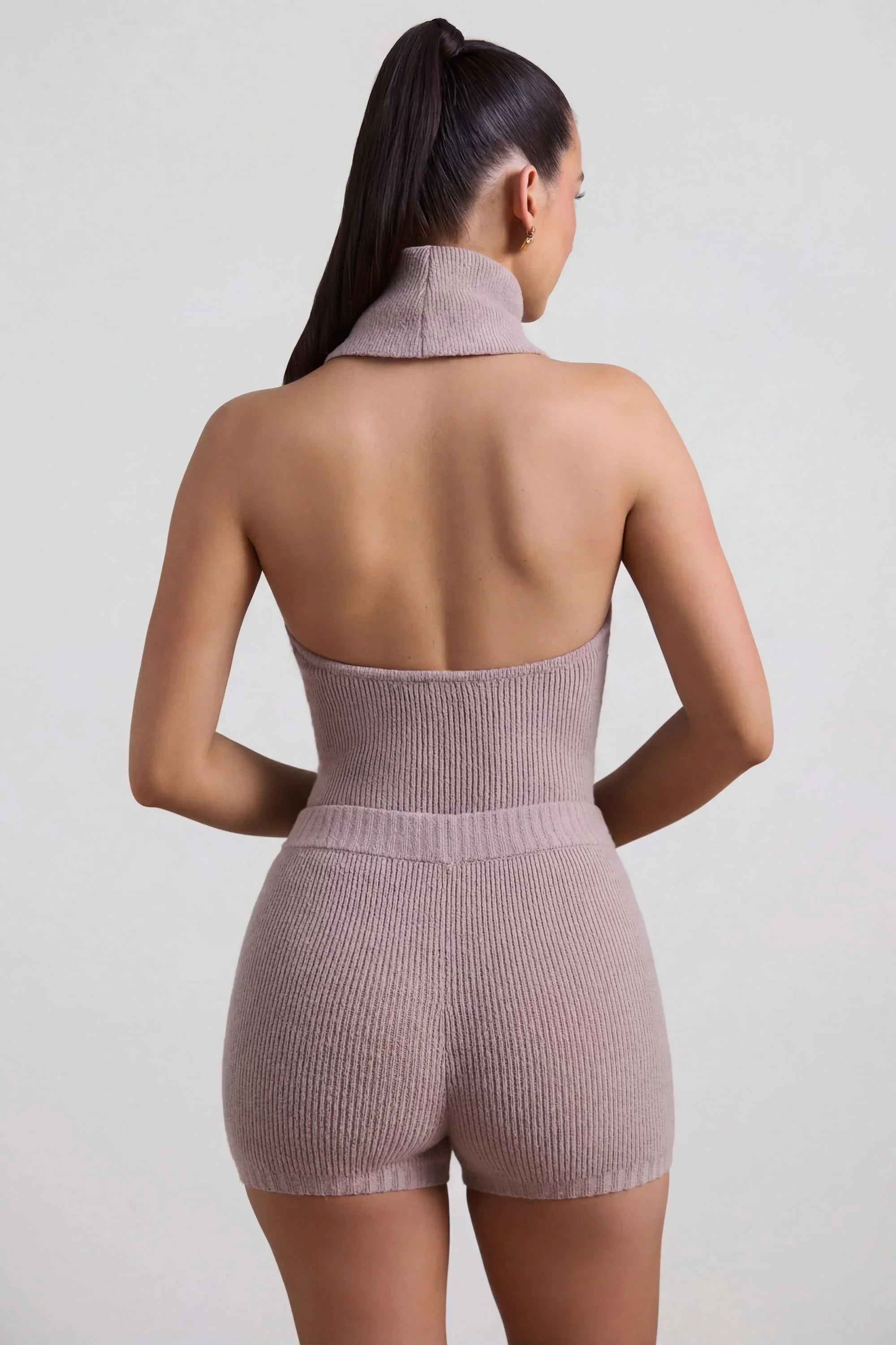 Ribbed Knit Turtleneck Backless Top in Taupe