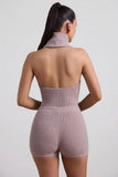 Ribbed Knit Turtleneck Backless Top in Taupe