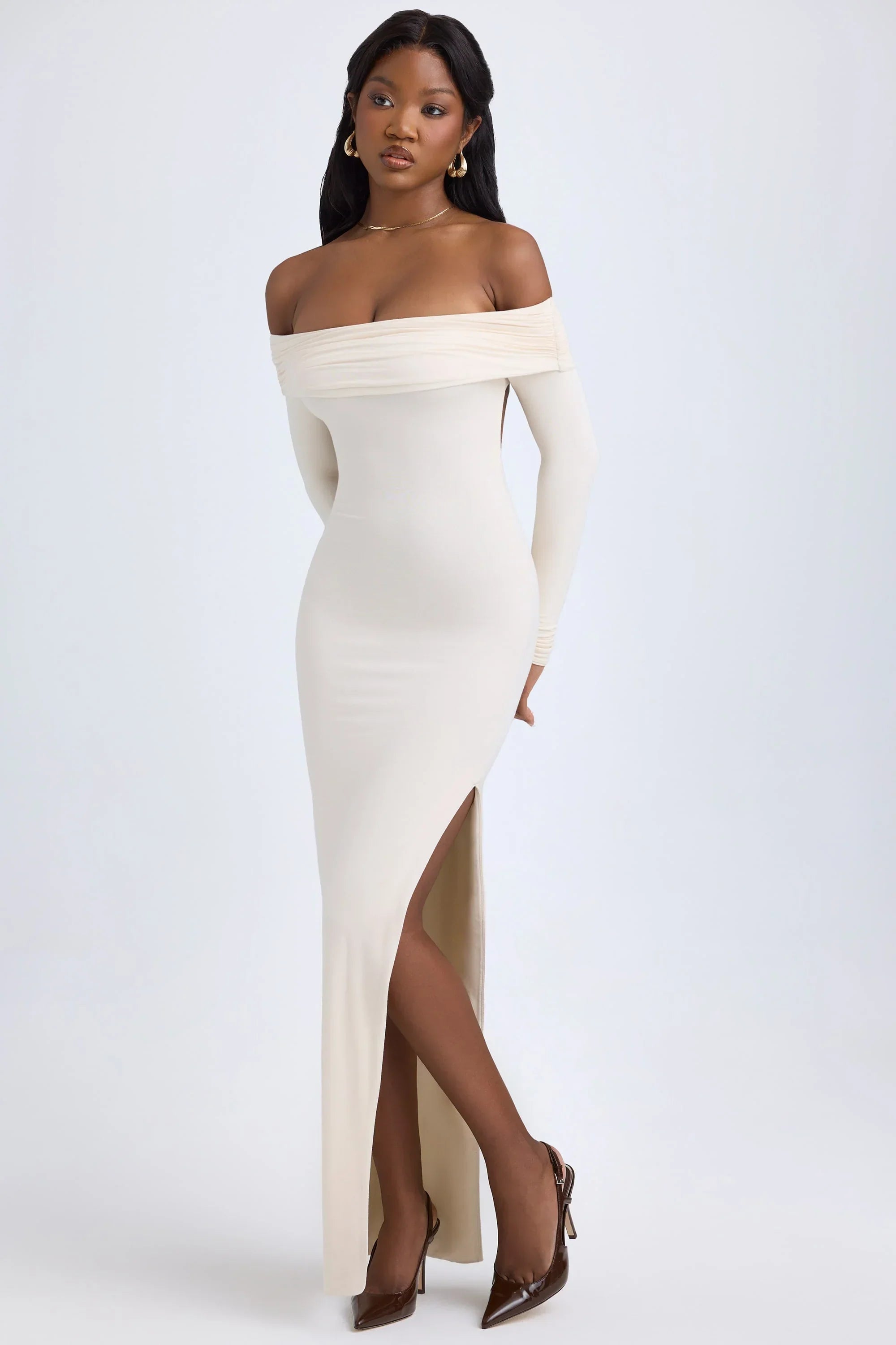 Modal Off Shoulder Open Back Maxi Dress in Ivory