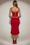 Lace Mid Rise Fluted Midi Skirt in True Red