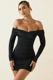 Off Shoulder Ruched Bodycon Mini Dress in Black