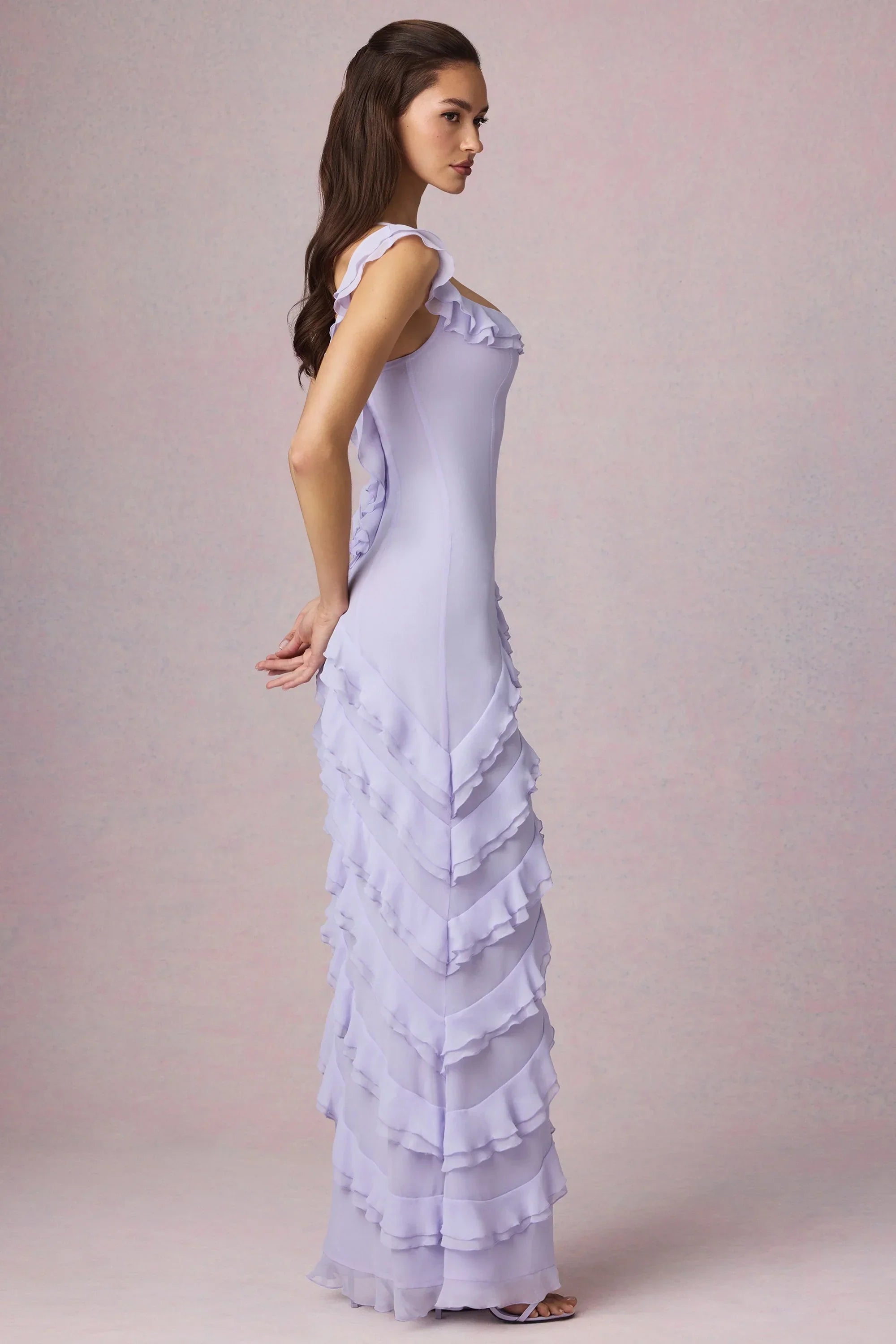 Asymmetric Ruffled Lace Up Gown in Lilac