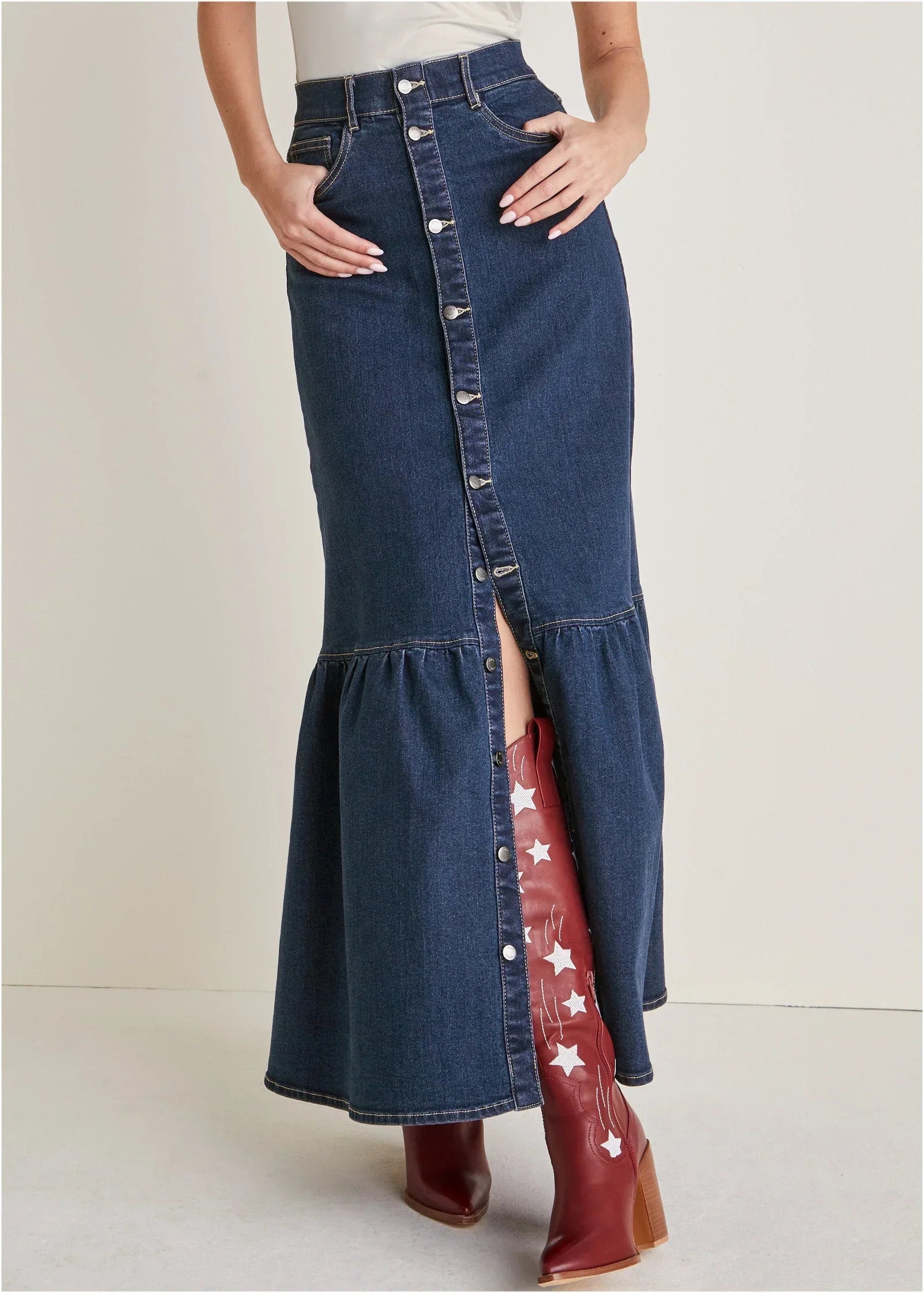 Denim Button Down Skirt Dark Wash