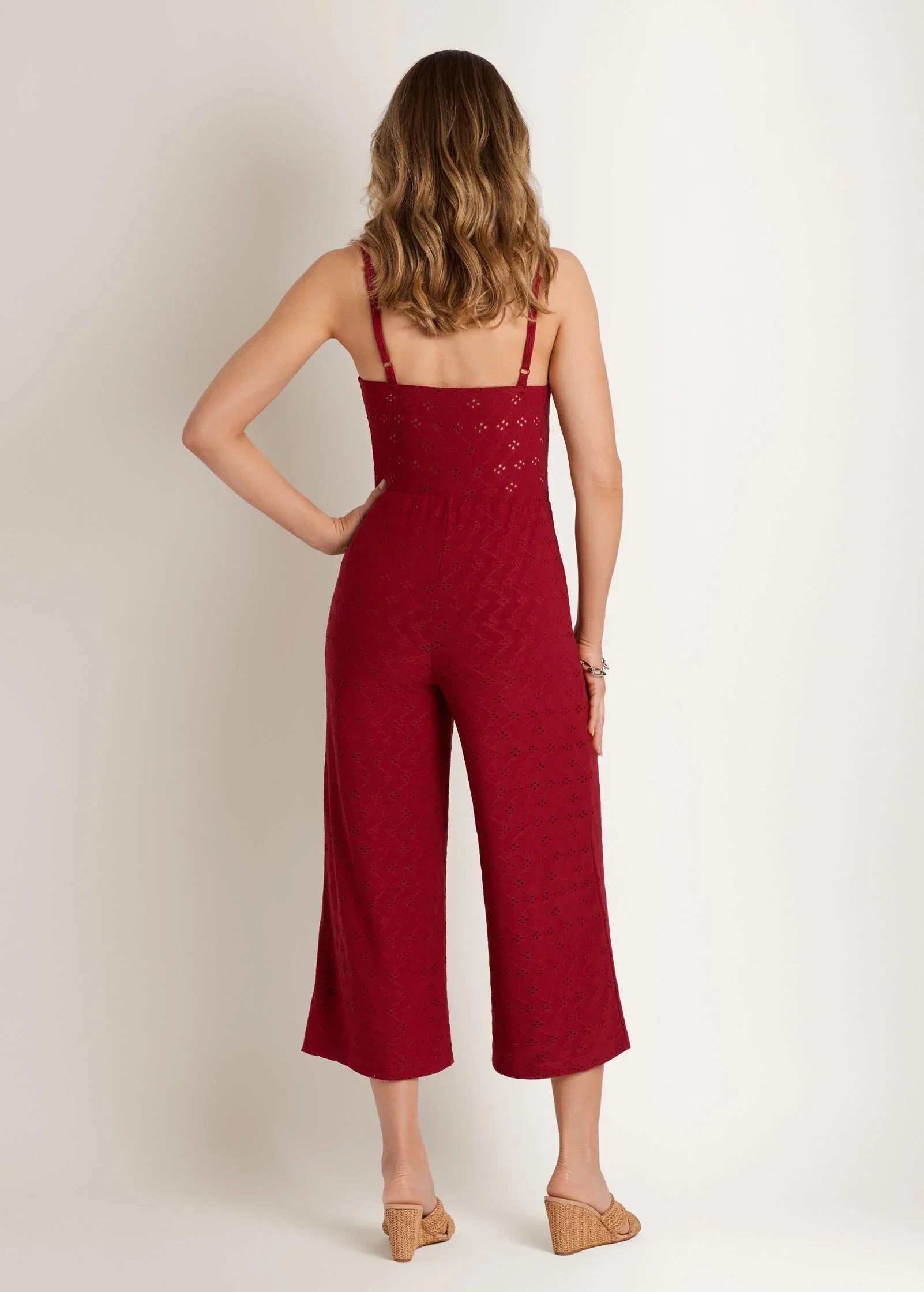 Knit Eyelet Jumpsuit Red
