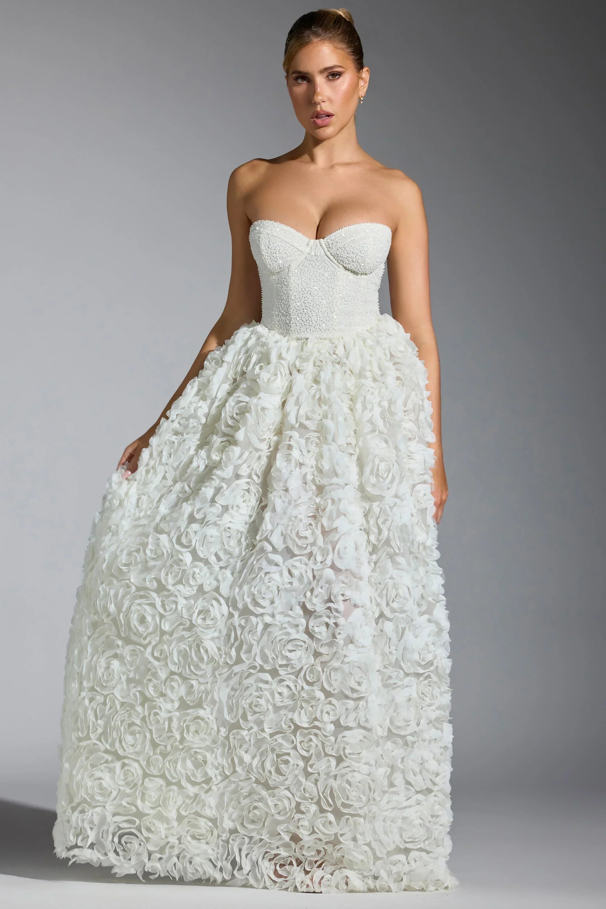 Embellished Floral Appliqué Corset Gown in White