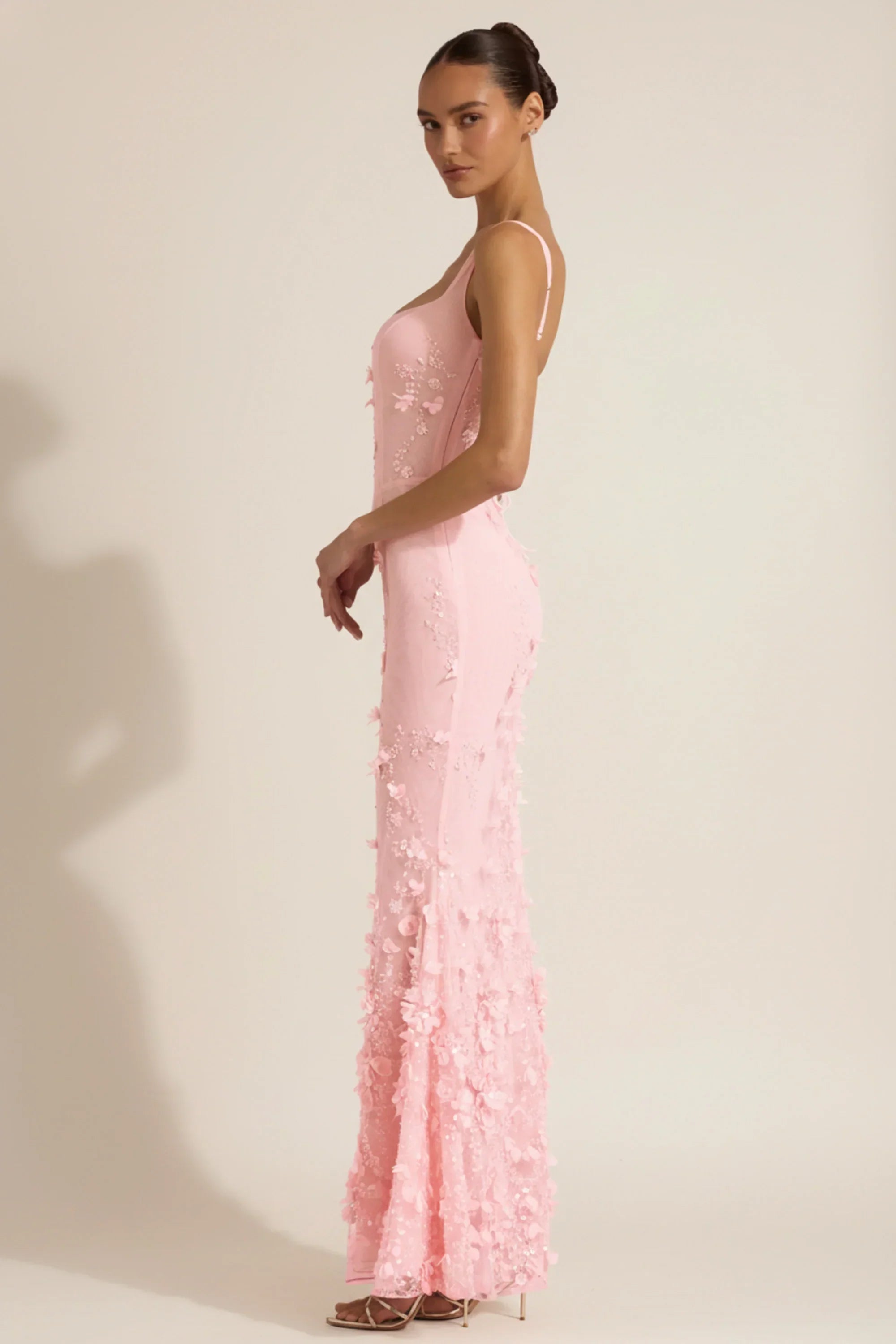 Embellished Appliqué Soft Scoop Corset Gown in Pink
