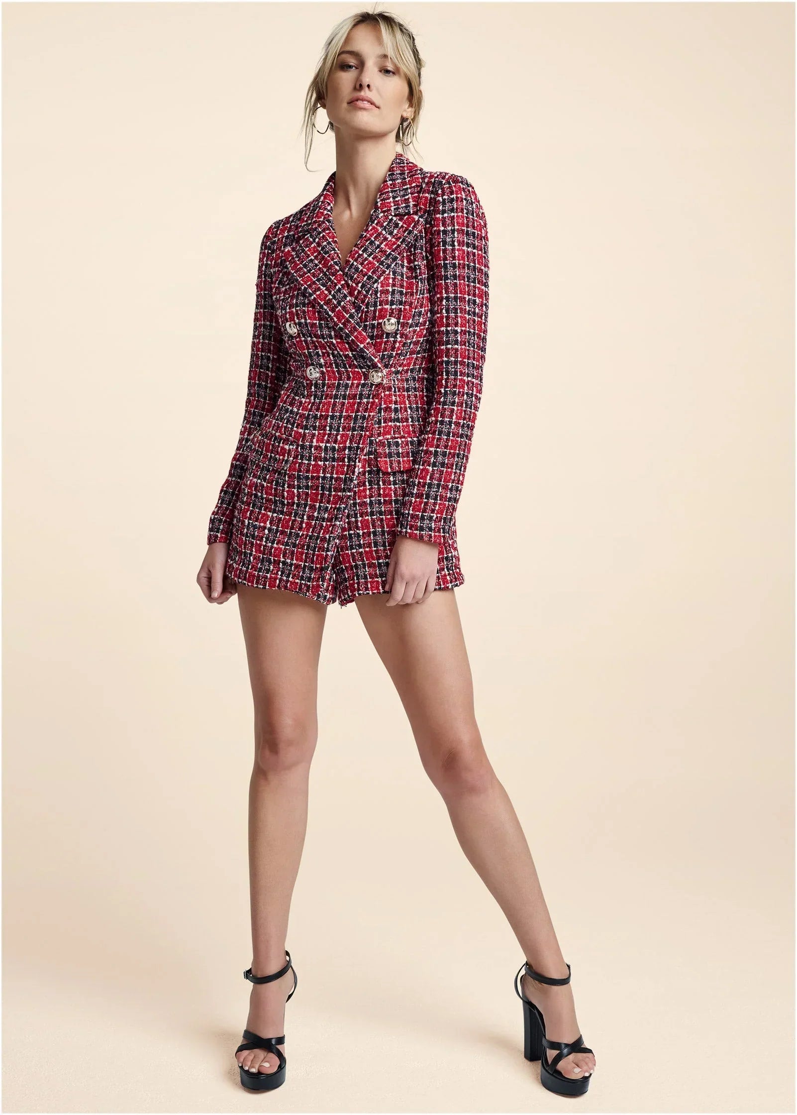 Tweed Button Detail Romper Red Black