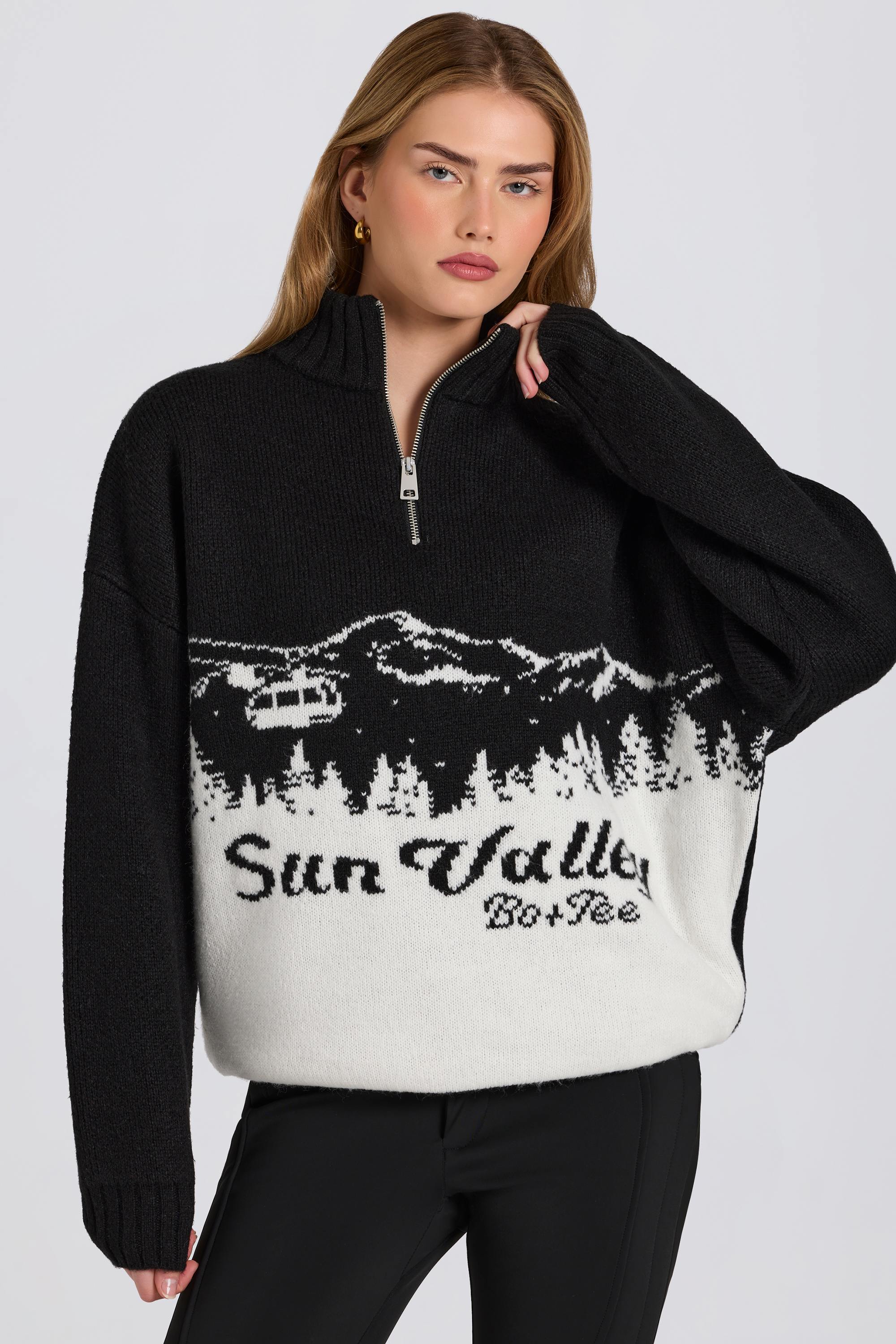 Knit Quarter Zip Turtleneck Oversized Jumper in Black