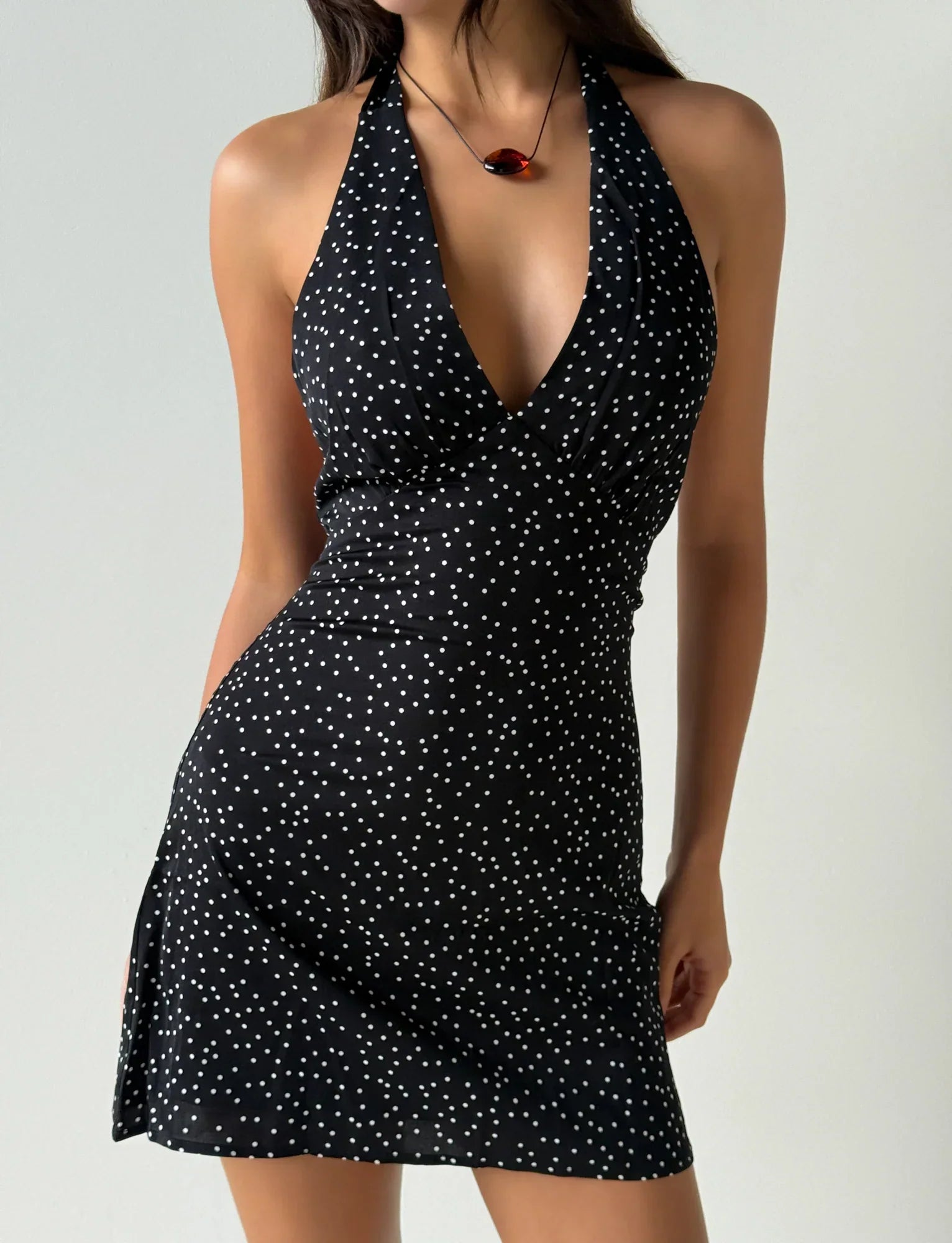 DYLAN HALTER MINI DRESS BLACK POLKA