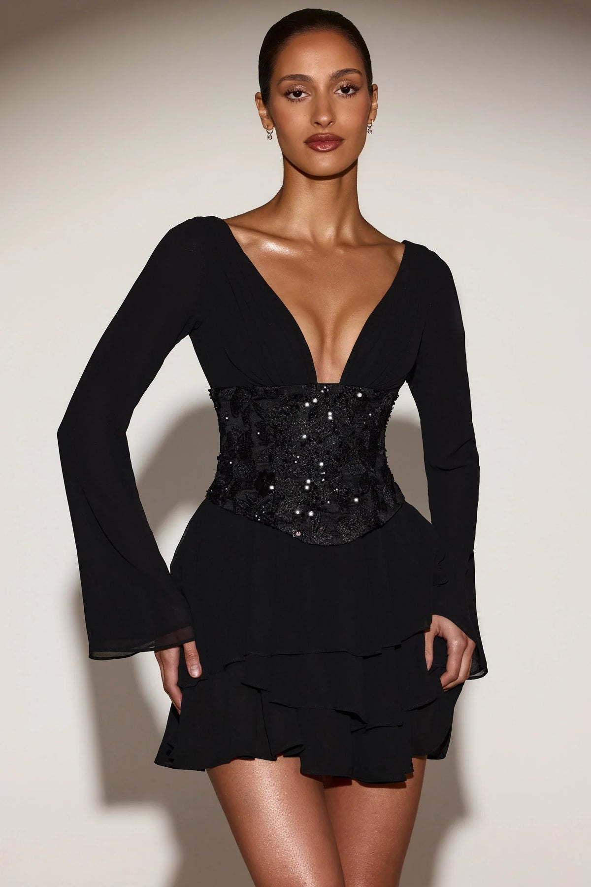 Chiffon Embellished Corset A line Mini Dress in Black